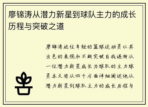 廖锦涛从潜力新星到球队主力的成长历程与突破之道