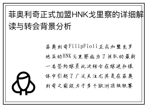 菲奥利奇正式加盟HNK戈里察的详细解读与转会背景分析